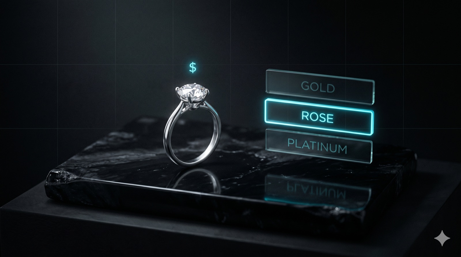 A diamond solitaire ring on polished obsidian with floating GOLD / ROSE / PLATINUM variant chips