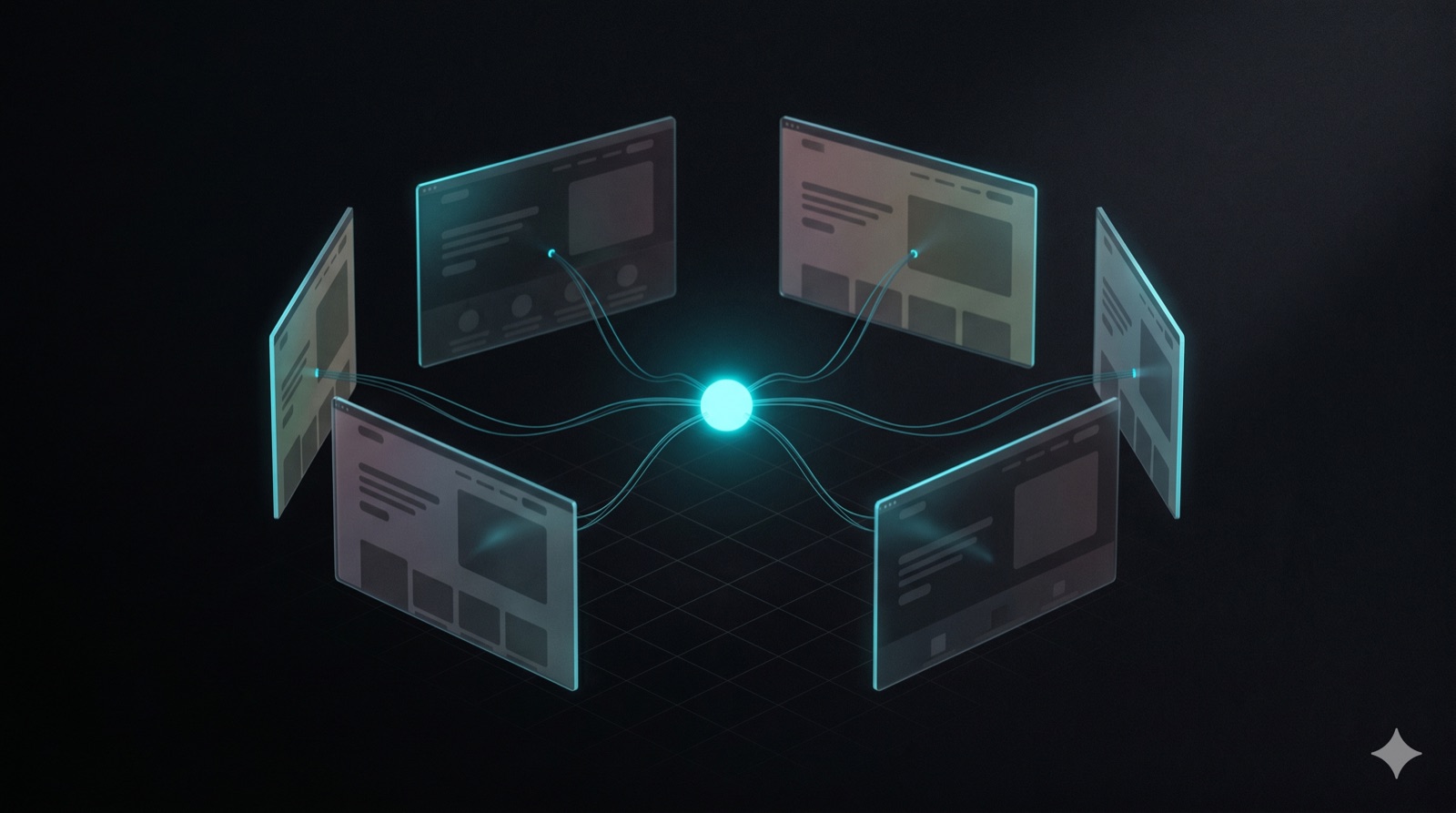 Six holographic website panels arranged around a glowing cyan core node, threads connecting each panel to the centre