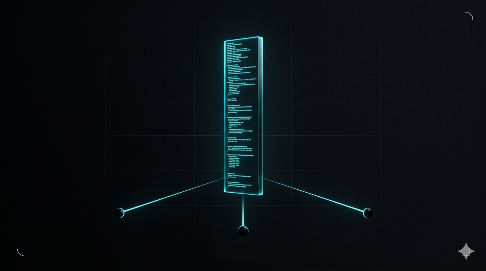 A glowing cyan monolith of code suspended in a dark void with three rays beaming down to small floating black orbs
