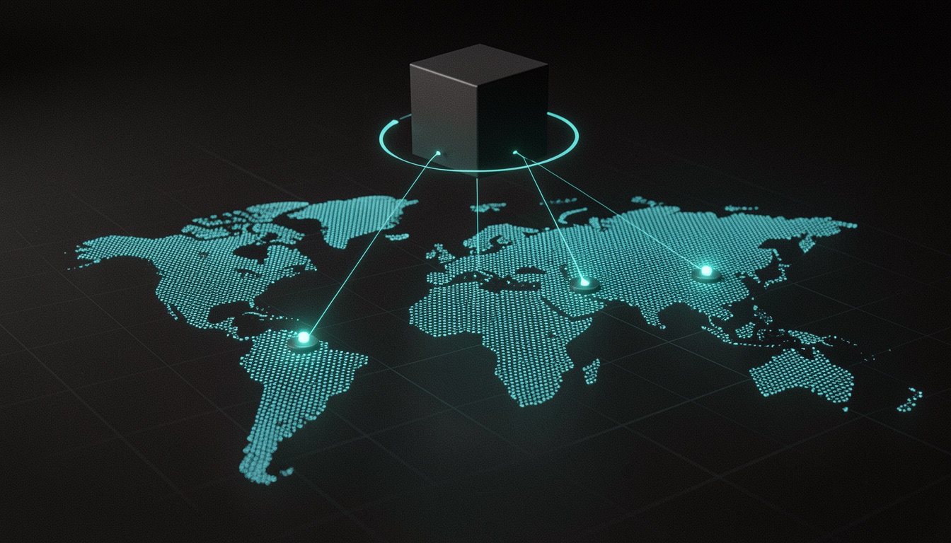 A black cube hovering above a stylized cyan dotted world map with thin beams transmitting firmware to glowing dots across continents