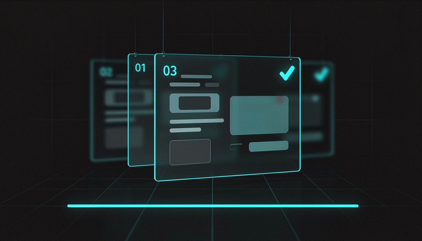 Three stacked glass wizard panels labelled 01 / 02 / 03 with a cyan checkmark on the front panel and a thin cyan progress bar below